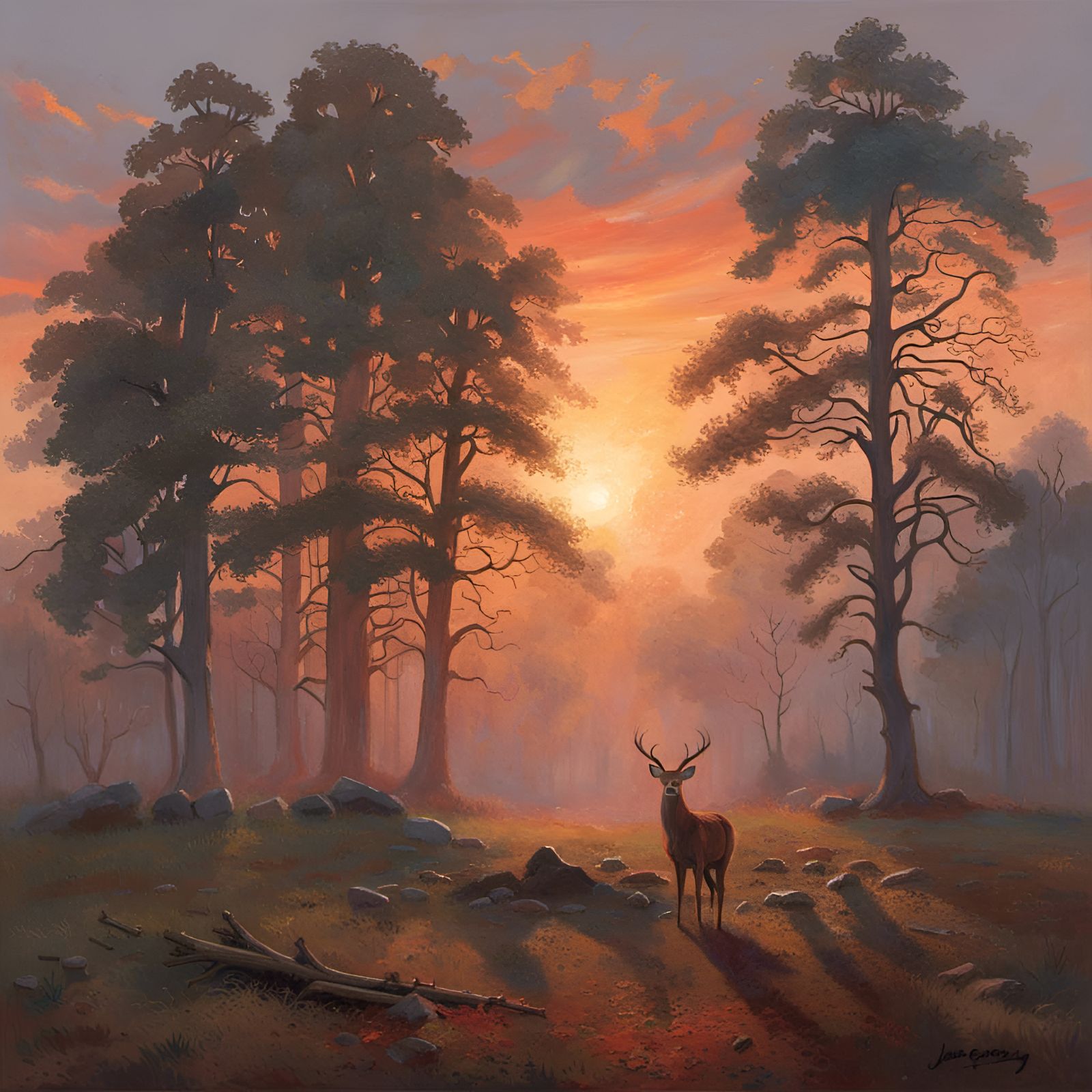 Misty Forest Sunrise Oil Painting with Deer