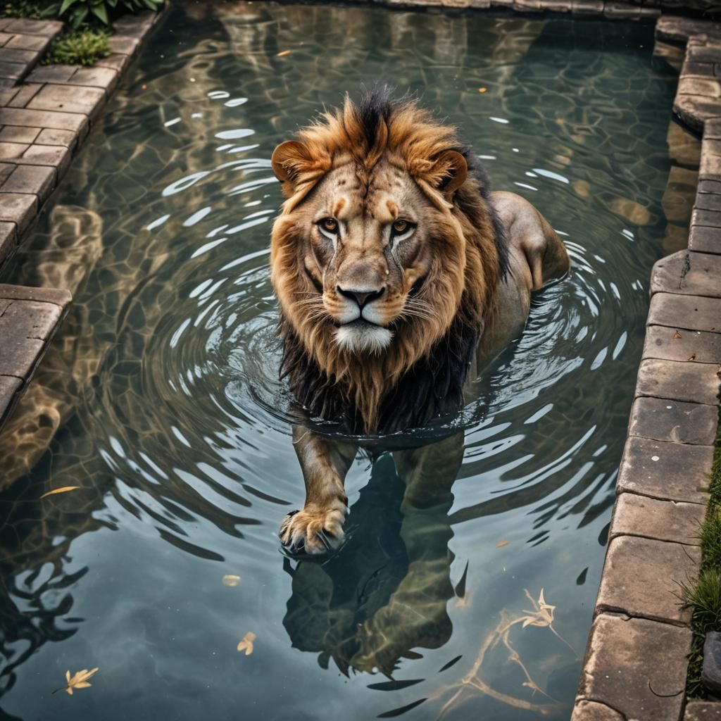 Hyperrealistic Lion in a Pool, Sharp Focus