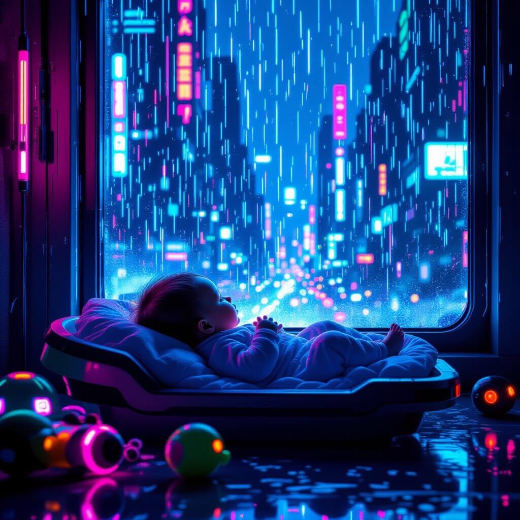 Cyberpunk Baby Watching Rainy Cityscape