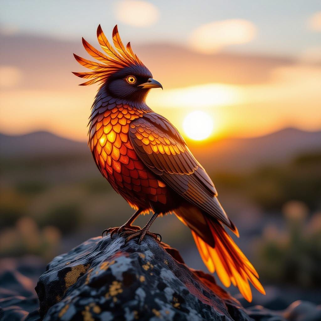 Sunstone Phoenix Perched on Obsidian Rock: 8K Photograph