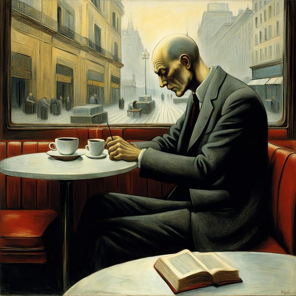 Surreal Art Deco Figure Massages Man's Head in a Café