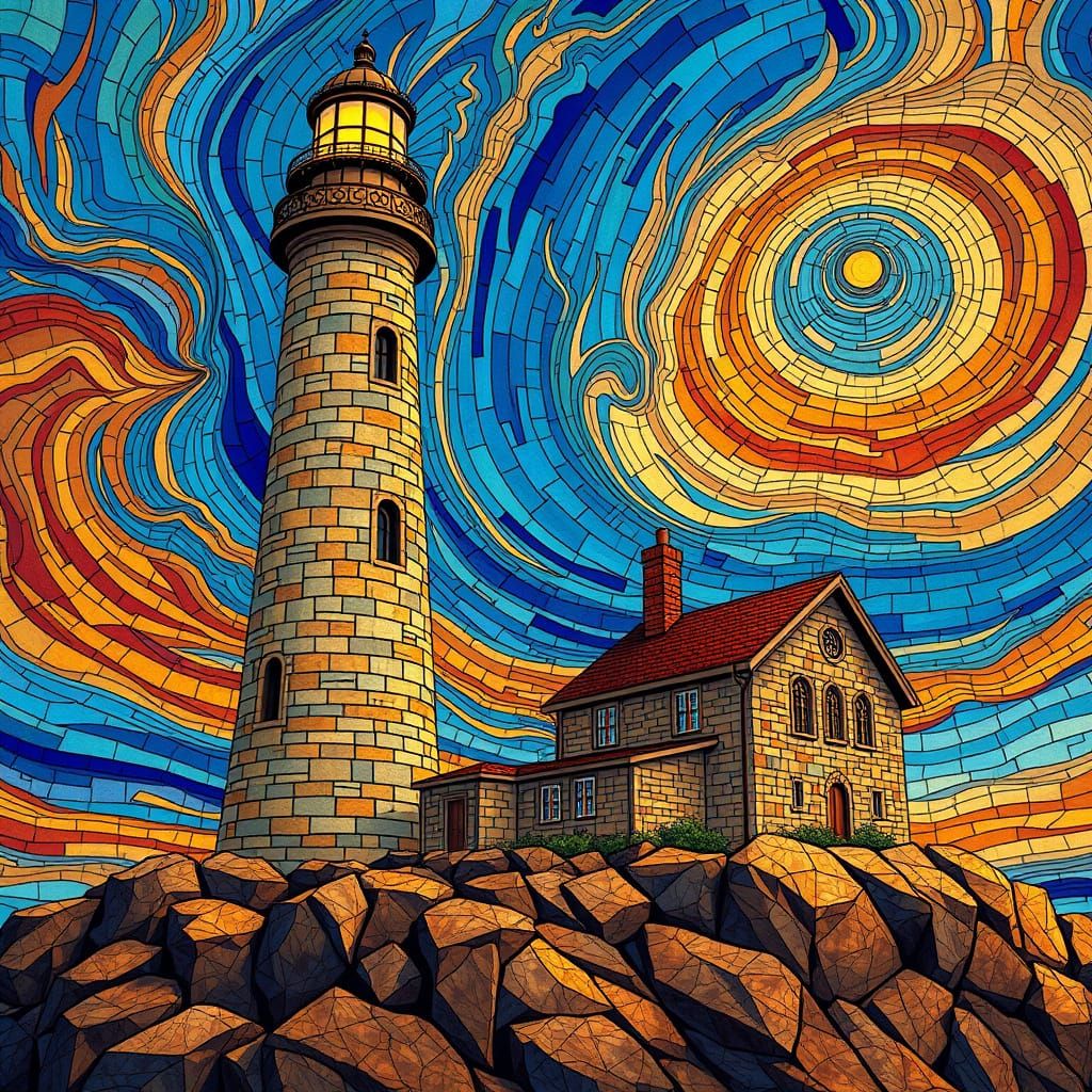 Stained Glass Mosaic Lighthouse Under Kaleidoscopic Sky