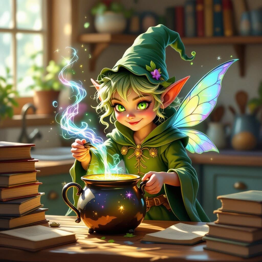 Mischievous Sprite Pours Magic Into Coffee Mug