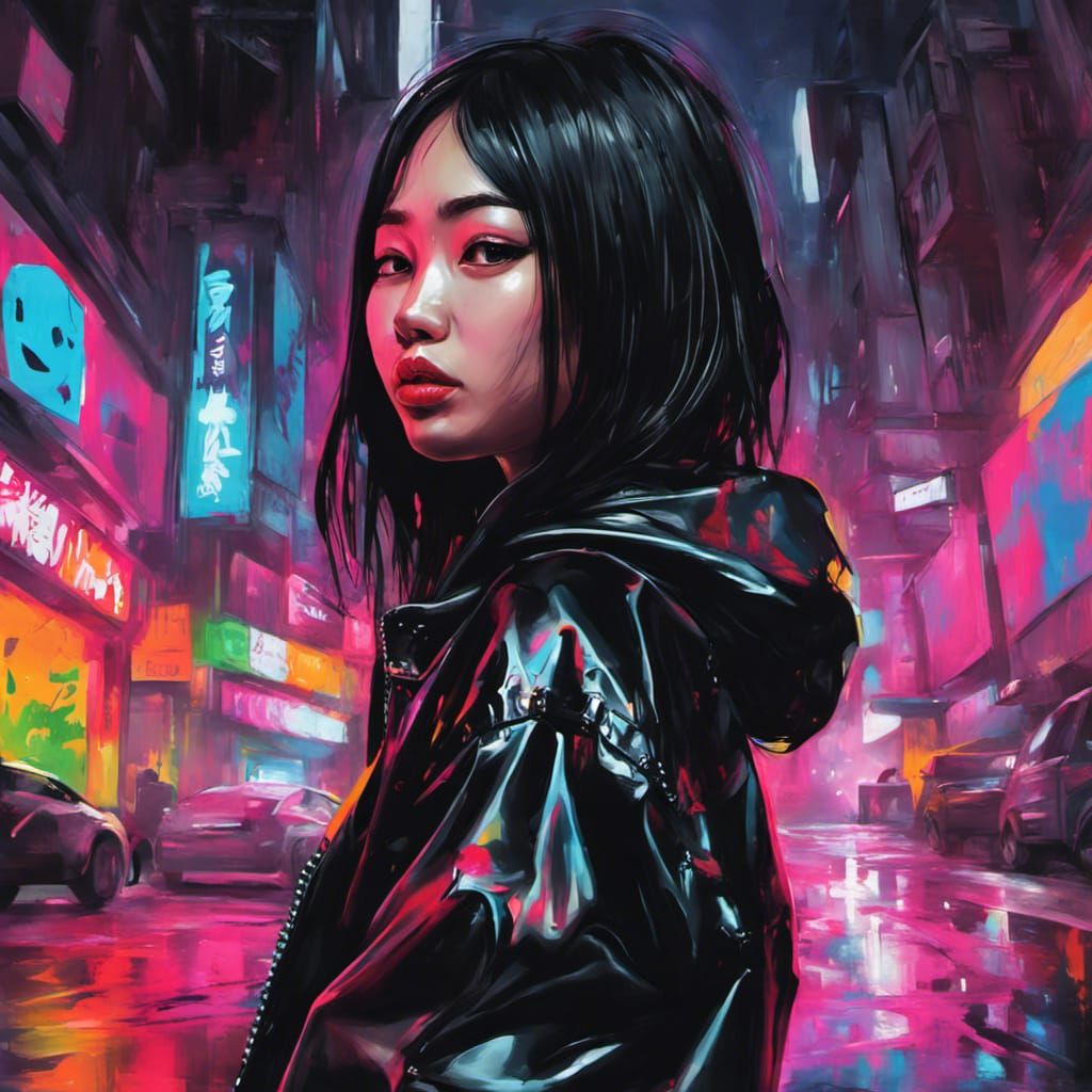 asian girl wearing black latex in a neon city at night