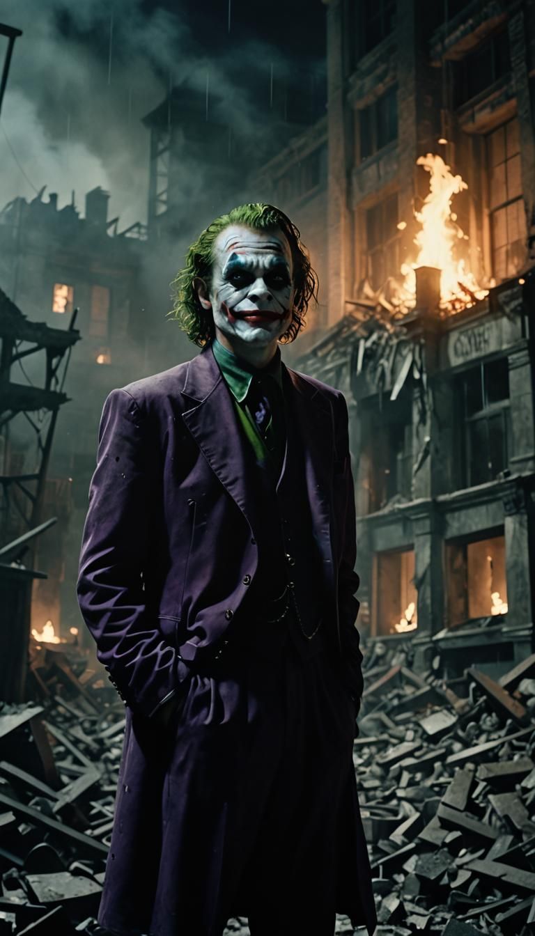Joker in Smoldering Ruins: Surreal Cinematic Still