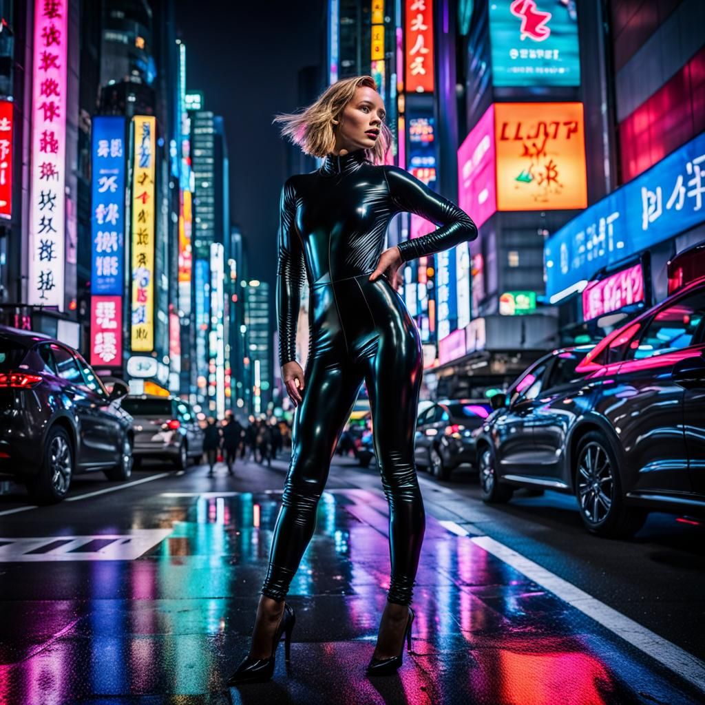 Woman in Latex Jumpsuit Dancing in Neon Tokyo
