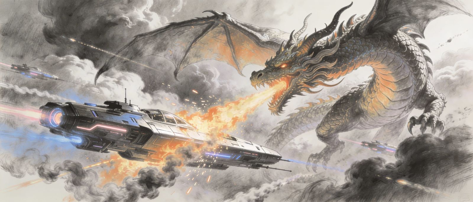 Dragons vs. Spaceships in Cloud Battle, Charcoal Drawing Sty...