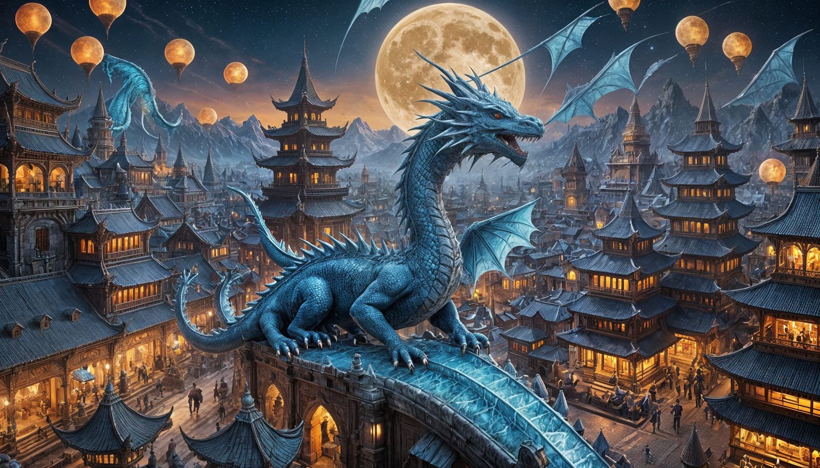 Ice Dragon Over Enchanted Town in Spring