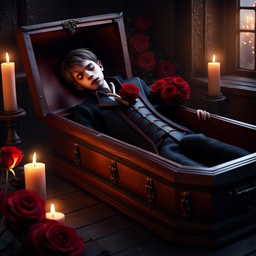 Vampire Boy Sleeping Peacefully in Coffin, Detailed Matte Pa...