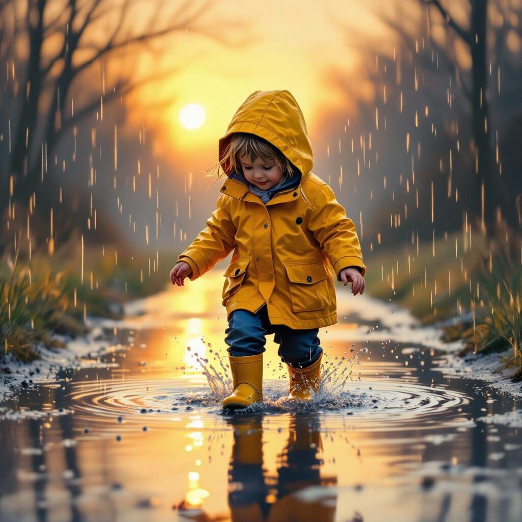 Child Splashing in Puddles at Golden Hour