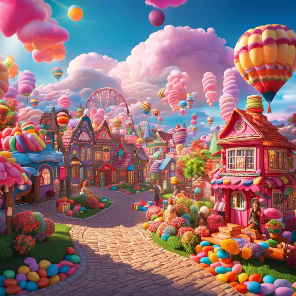 Colorful Candy Village with Cotton Candy Clouds