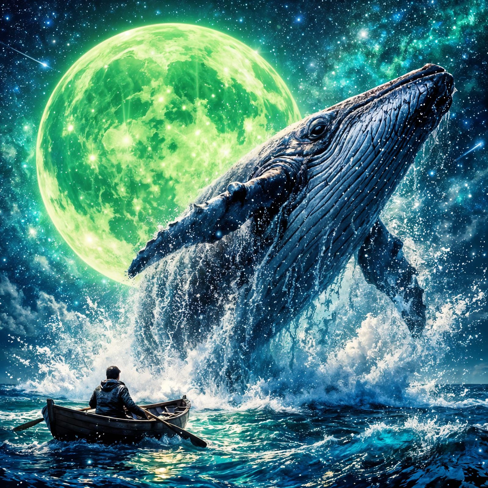 Colossal Whale Jumps From Ocean Under Cosmic Moon