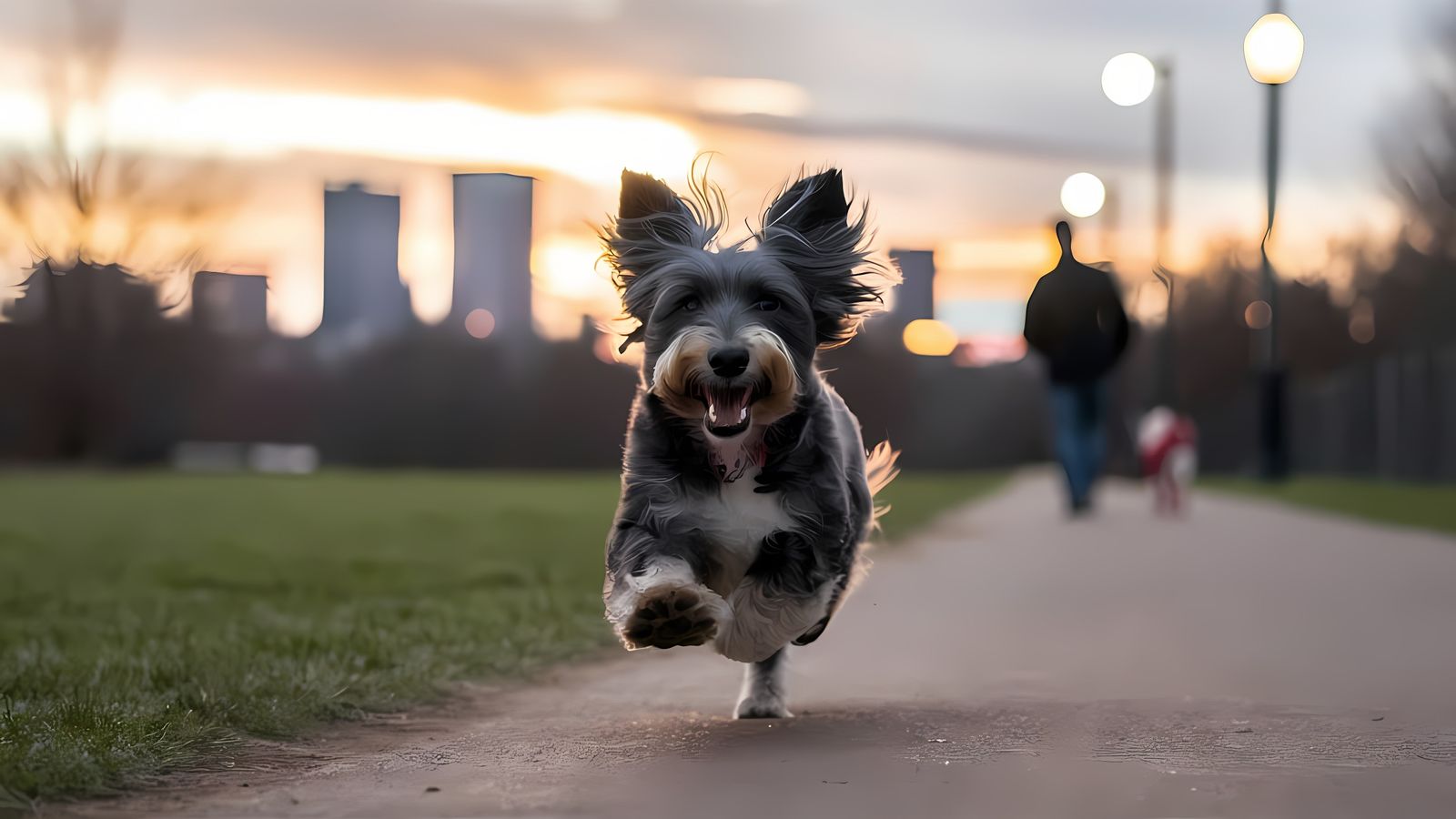 Joyful Chinese Crested Dog Runs Through City Park at Sunset