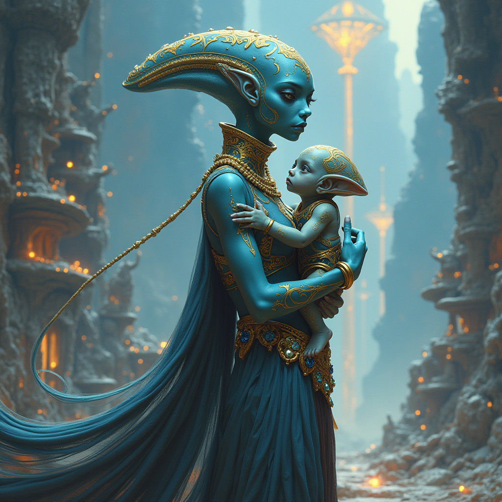 Alien Mother and Child in Mystical City