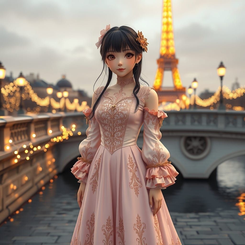 Kawaii Anime Girl Stands on Paris Bridge in Whimsical 3D Art