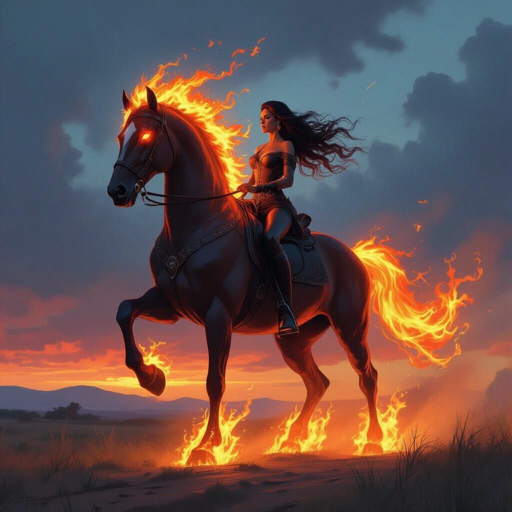 Woman on Fire Horse Silhouette in Dramatic Painterly Style