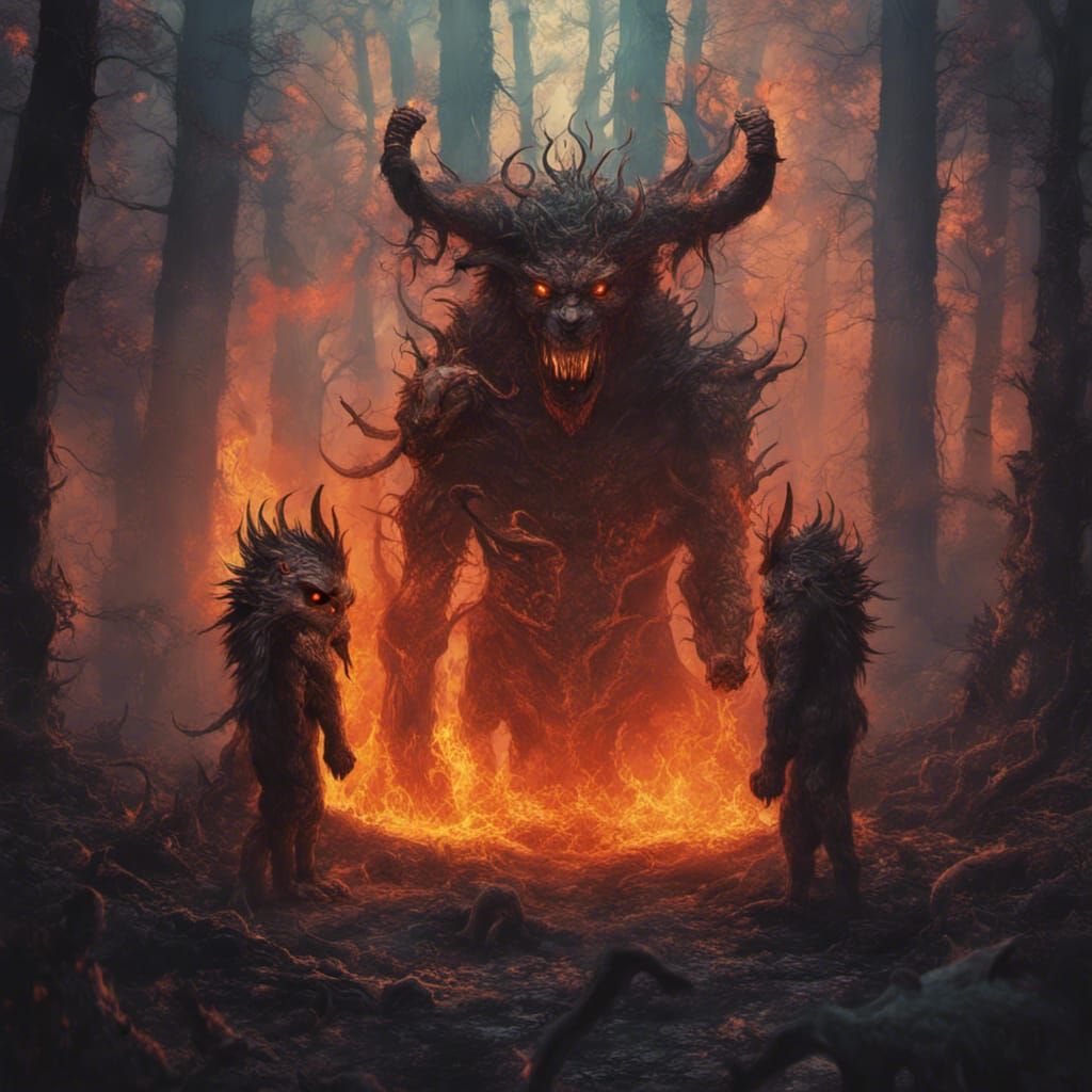 Demons Circle in Burning Forest: Hyperrealistic Art
