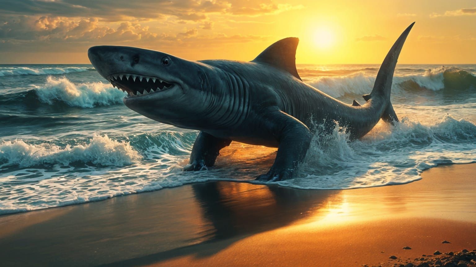 Shark Monster Emerges from Ocean Waves to Stalk the Beach