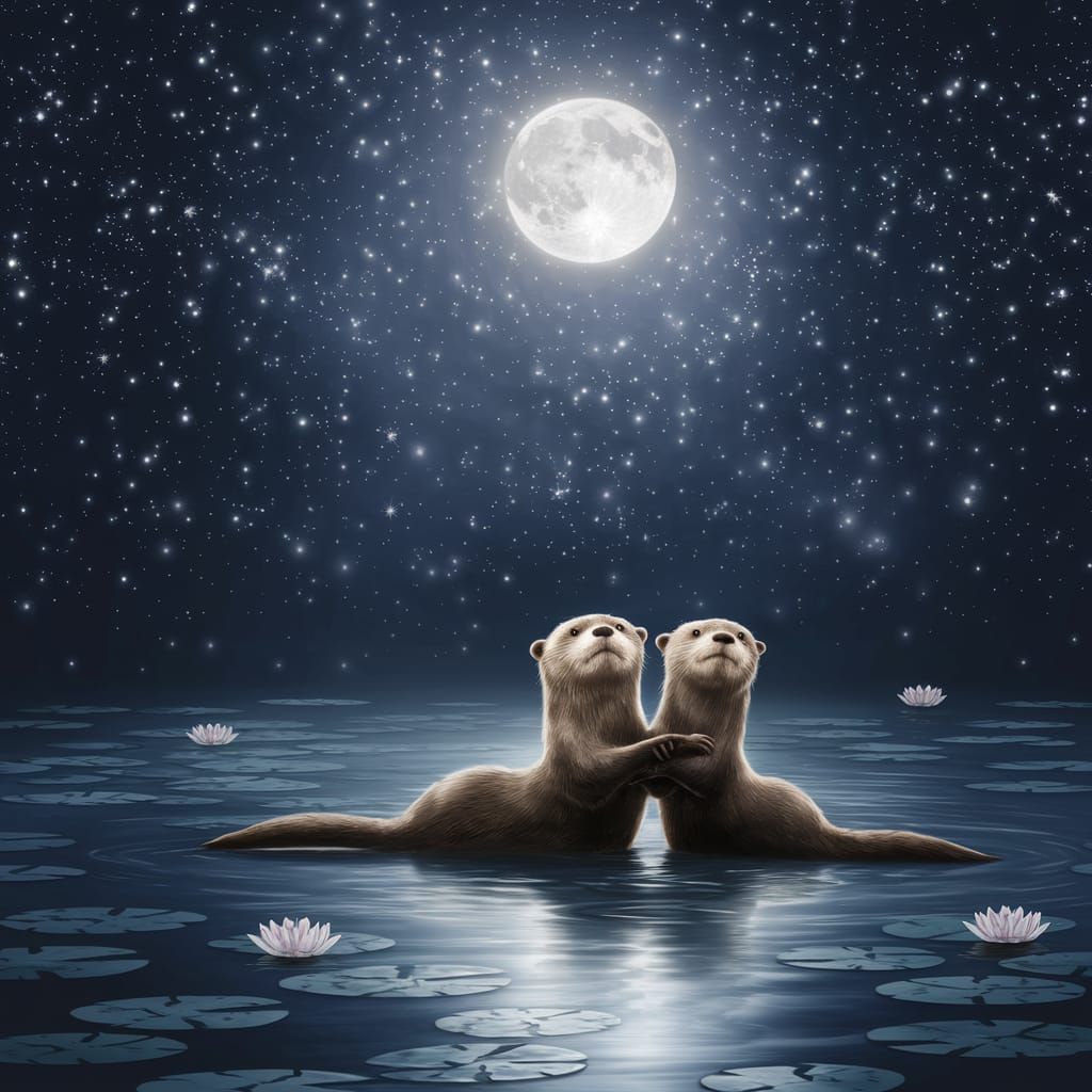 Serene Otters Under Starlit Night Sky with Water Lilies