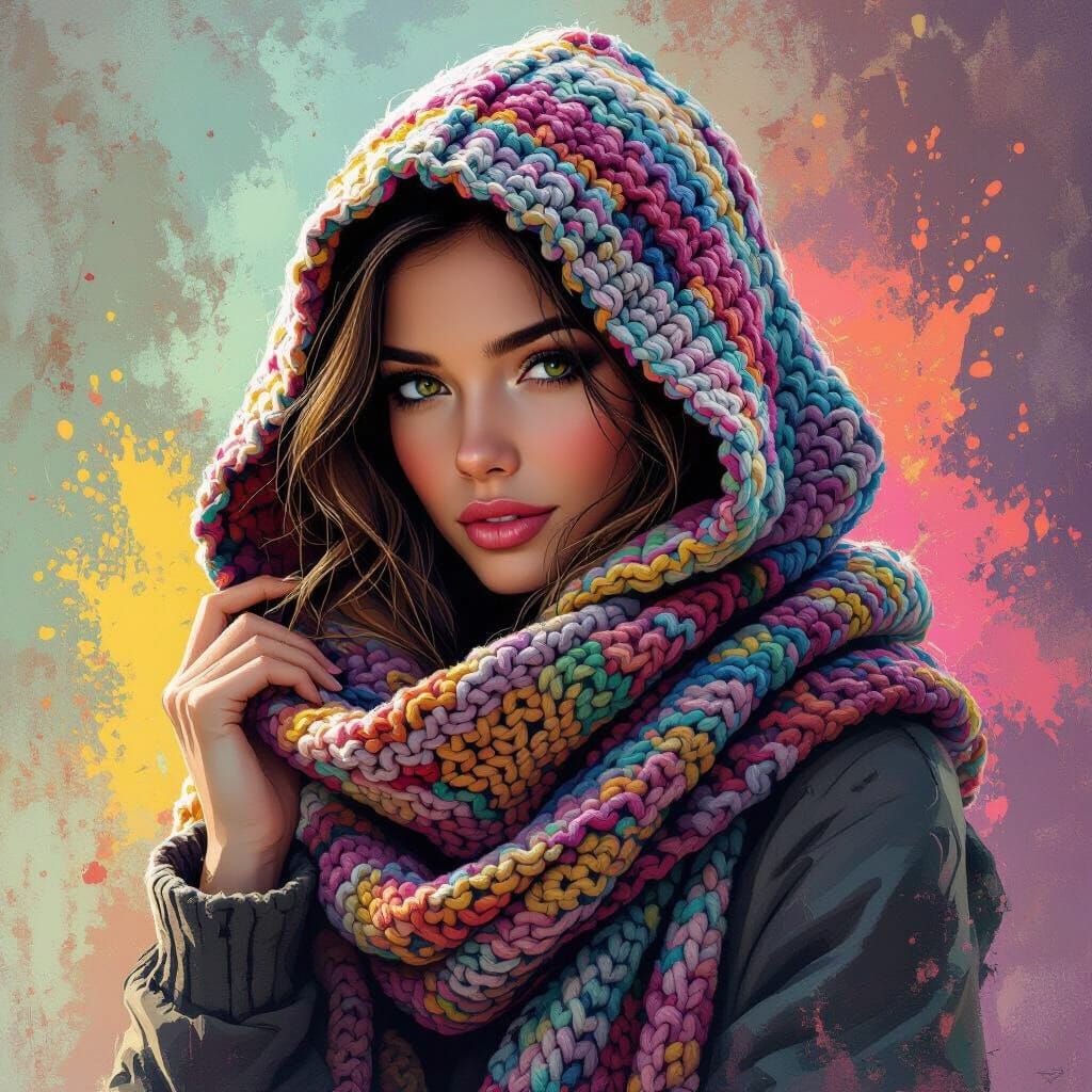 Woman in Crocheted Scarf: Hyperrealistic Splash Art