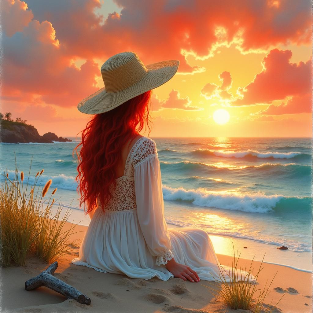 Red-Haired Woman at Sunset: Watercolour Painting