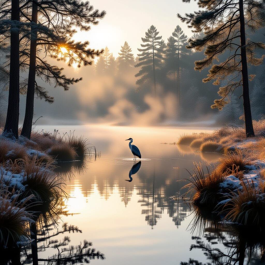 Misty Morning Lake with Heron and Golden Light