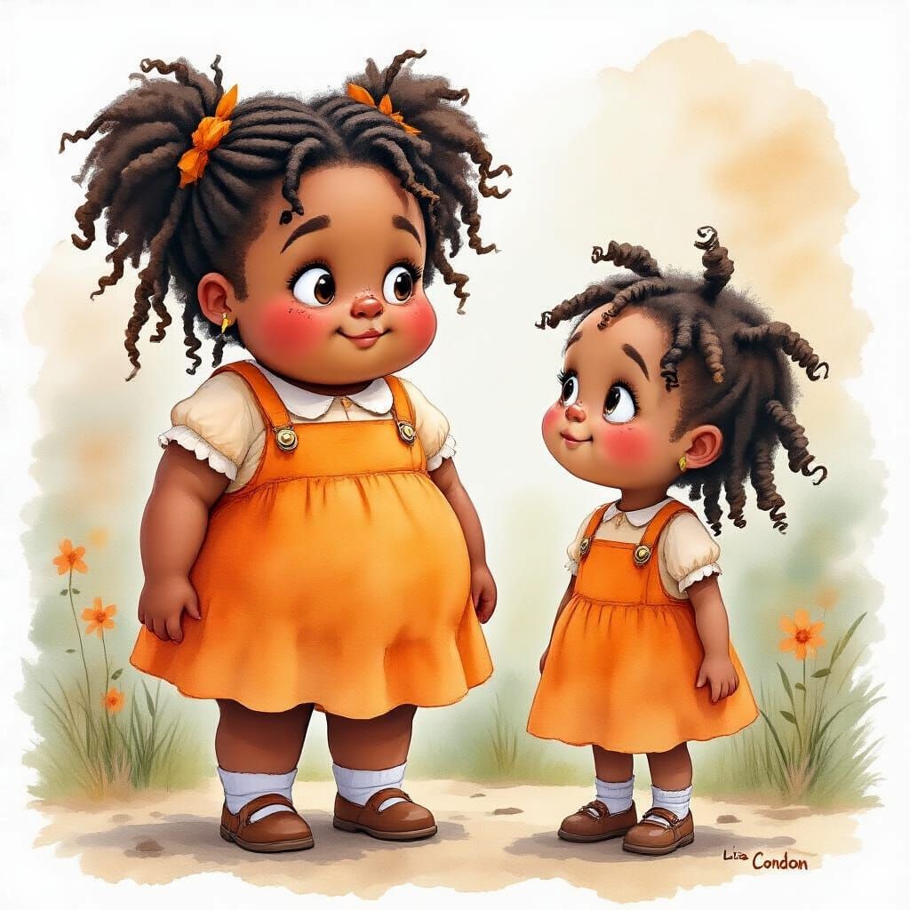 Girls in Watercolor Style on Second Day of School