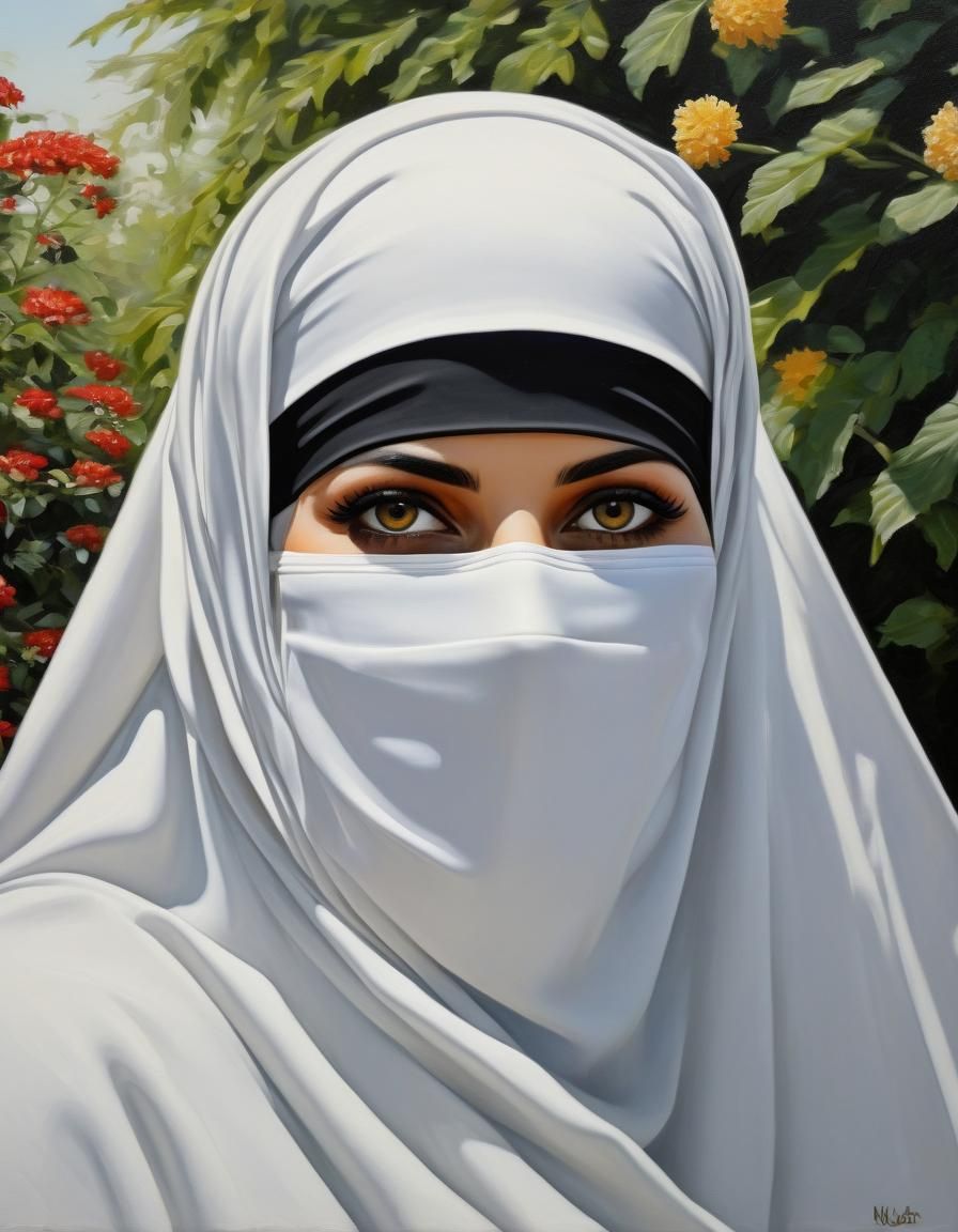 Portrait of a Niqabi Woman in Garden, Oil Painting
