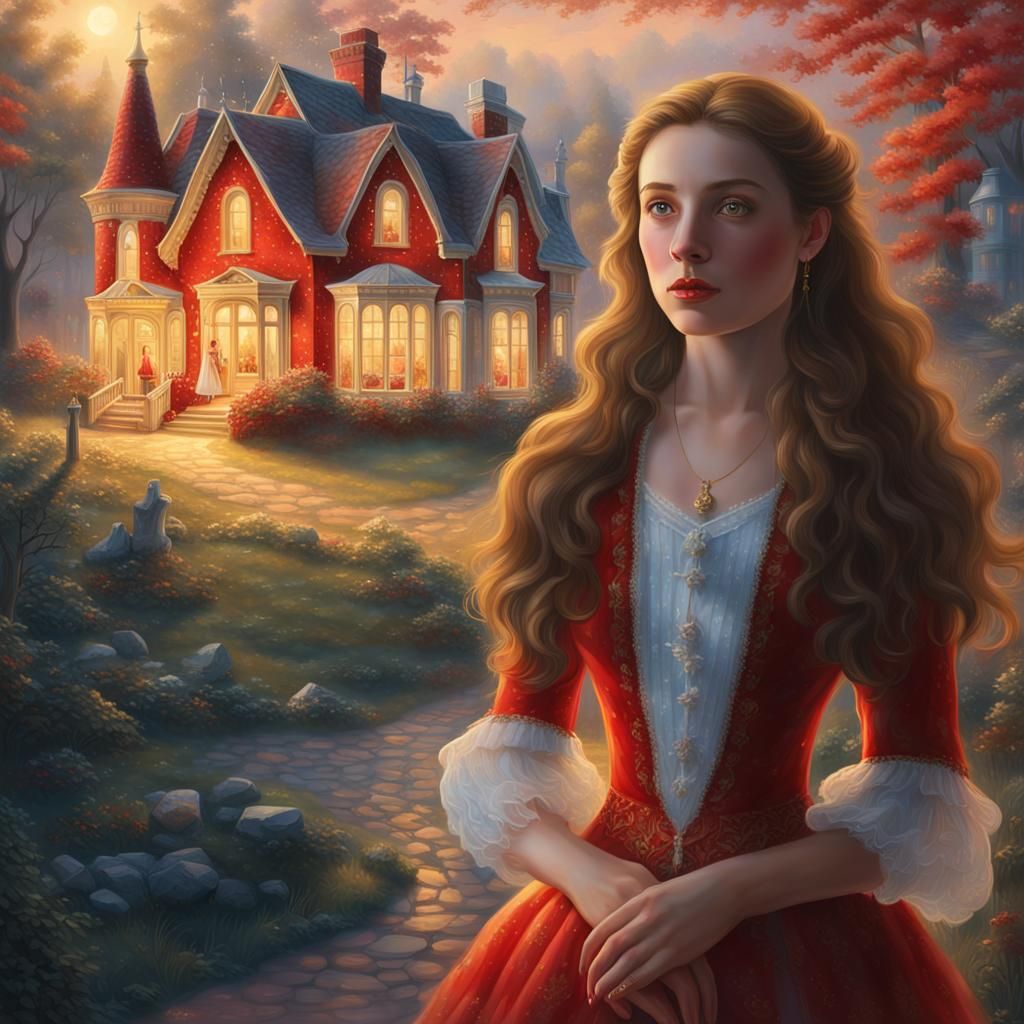 Ethereal Woman in Red Before Illuminated Home