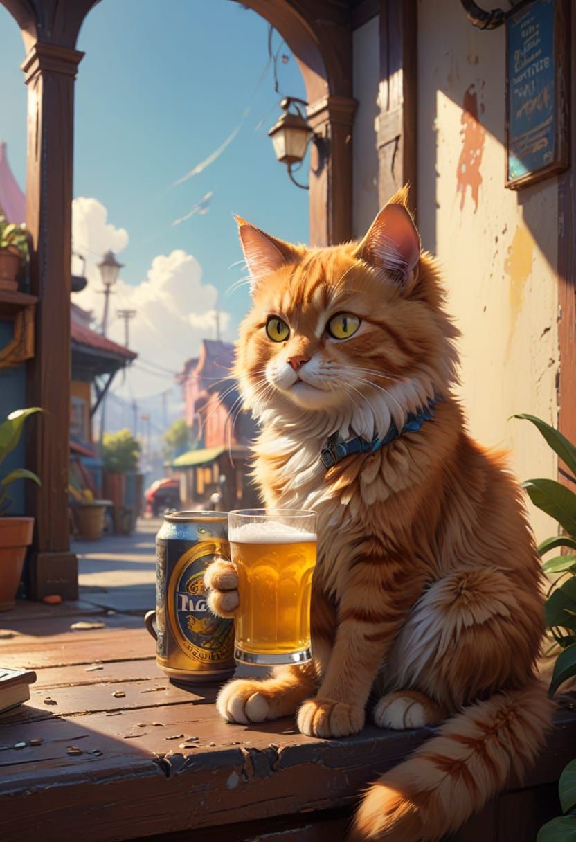 Whimsical Cartoon Cat in Bright Yellow, Pixar Style