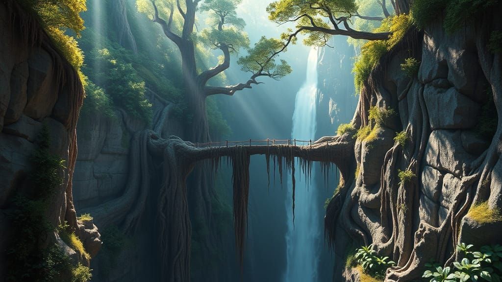 Ethereal Bridge Over Ancient Ravine in Vibrant Fantasy Lands...