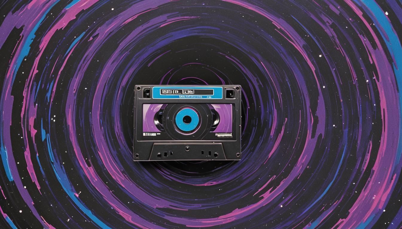 Distorted VHS Tape Spiraling into Black Hole