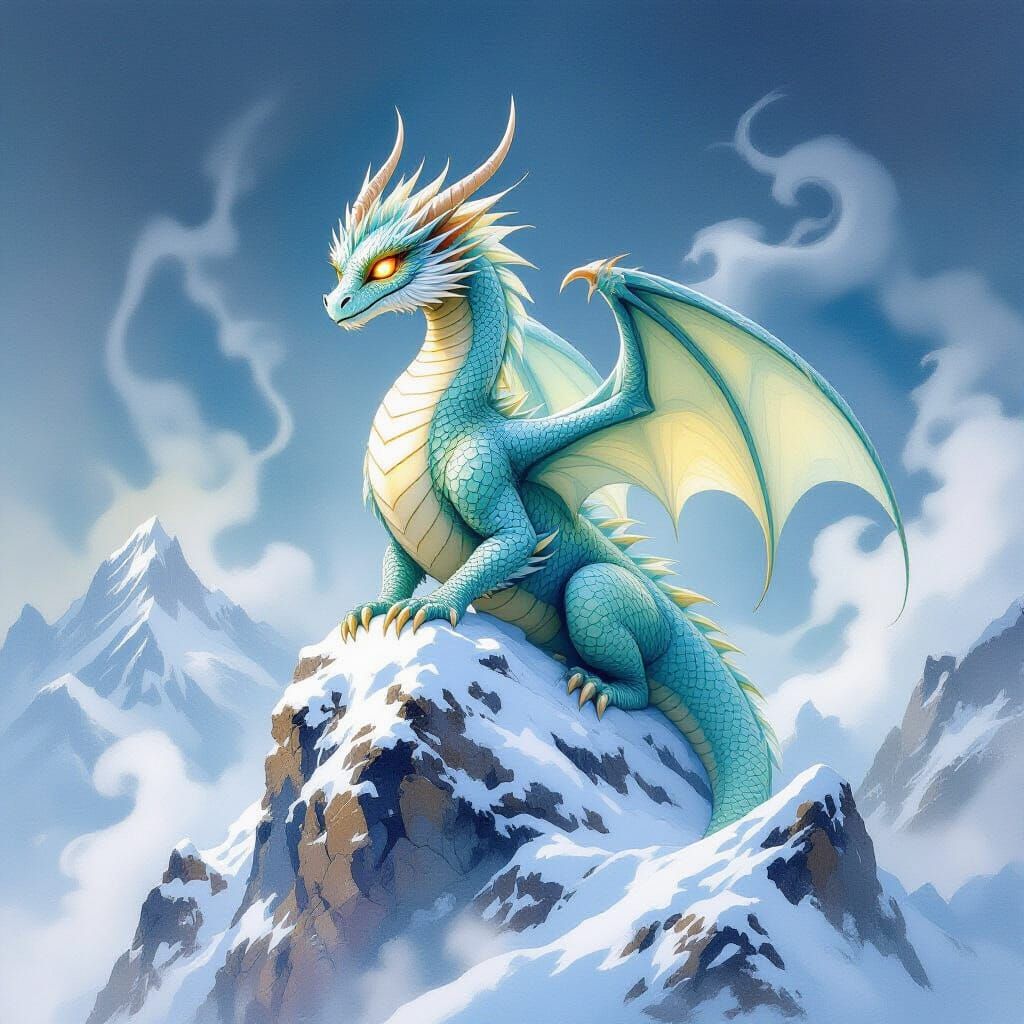 Whimsical Dragon on Snow Mountain: Watercolor Art