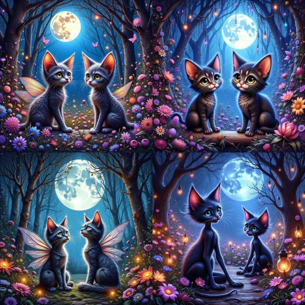 Whimsical Moonlit Pixies in a Bioluminescent Floral Realm