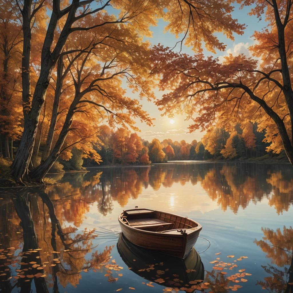 Autumn Lake Boat Scene in Photorealistic Style