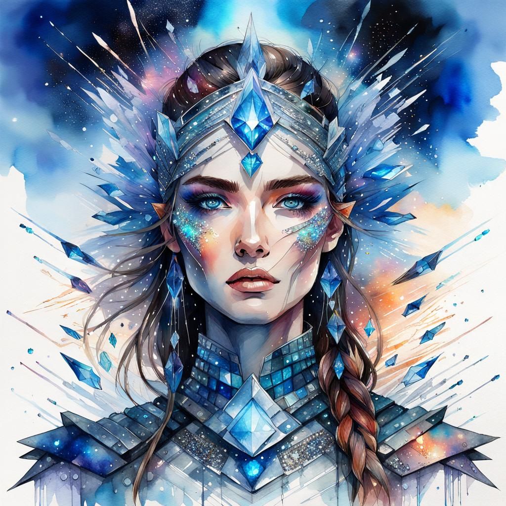 Crystalline Warrior Woman in Digital Watercolor