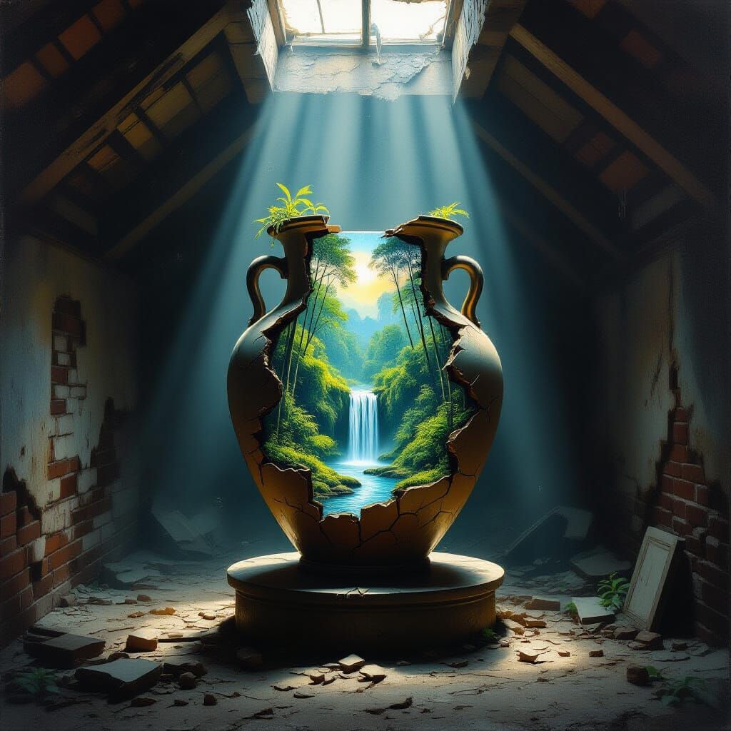 Surreal Oil Painting: Ancient Vase Holds Miniature Rainfores...