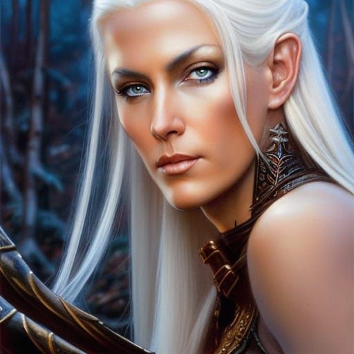 Blond Elf Woman with Flaming Sword, Impressionist Style