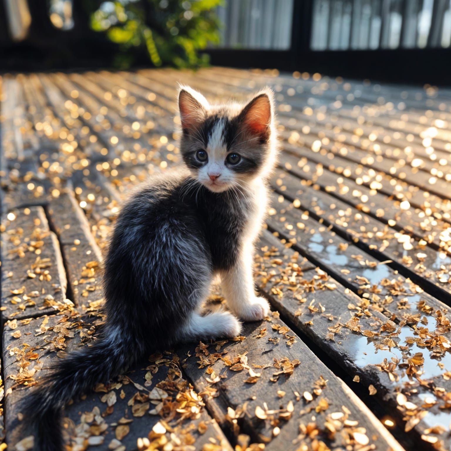 Miniature Kitten on Patio with Cracked Glass Effect