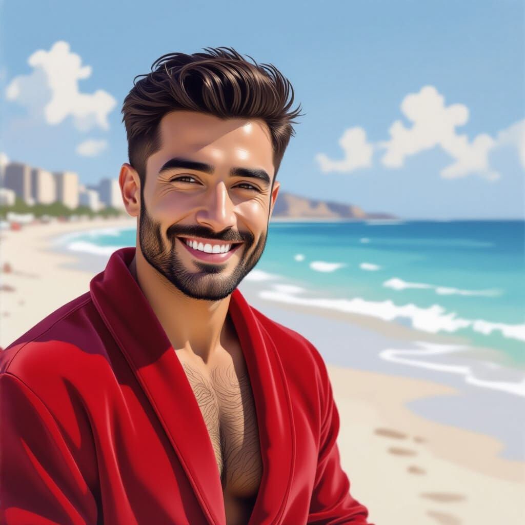 Smiling Man on Beach in Expressionist Impasto Style