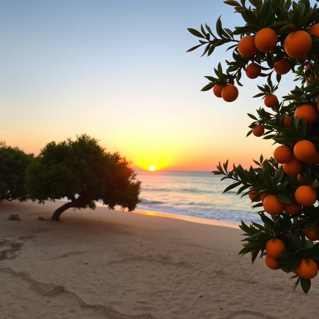 Orange beach , Orange Sunset and Fruit laden Orange Trees