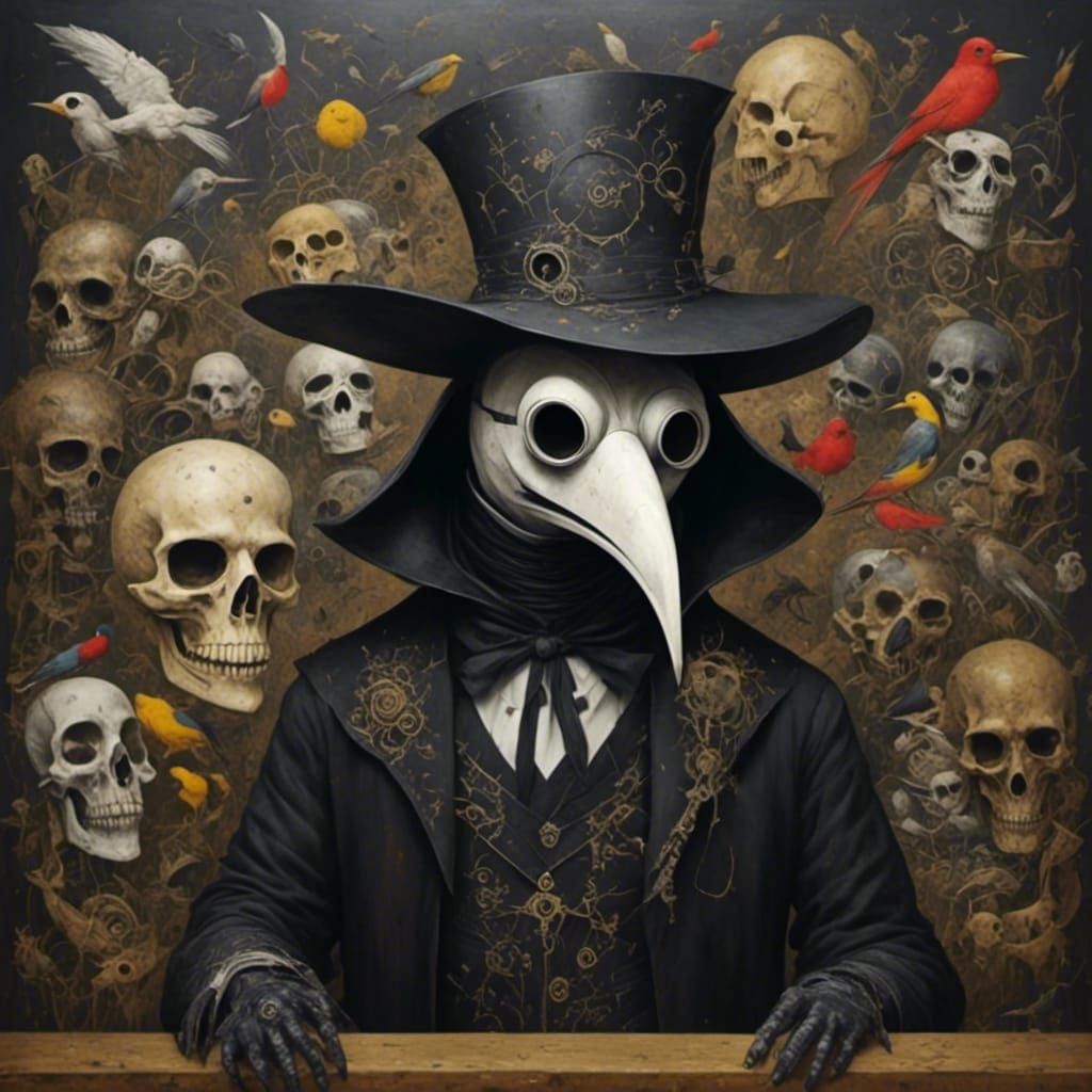 Plague Doctor with Bird Mask in Dark Bar