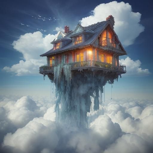 House on a Cloud: Hyperrealistic Splash Art