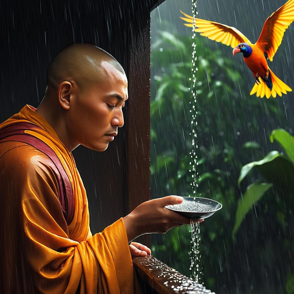 Monk in Rain: Detailed Children's Book Illustration