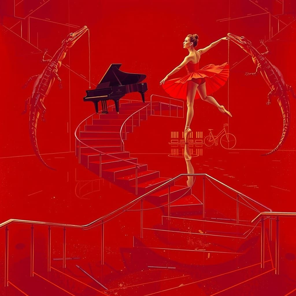 Hyperrealistic Ballerina Dances with Piano and Crocodiles