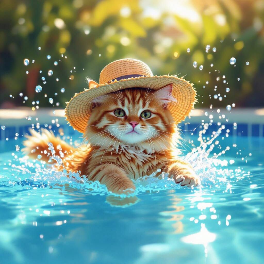 Fluffy Cat Tumbles into Pool Wearing Sun Hat