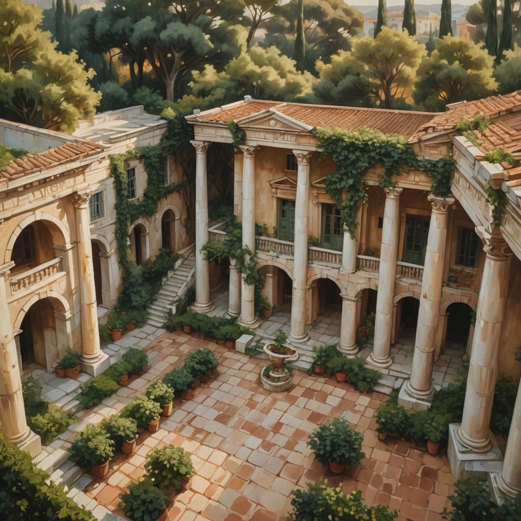 Greek Architecture in Impressionist Style with Warm Lighting
