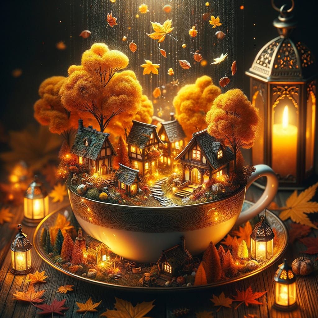 Miniature Autumn Village in Teacup with Golden Trees