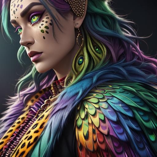 Woman with Dragon Scales and Peacock Hair in 3D