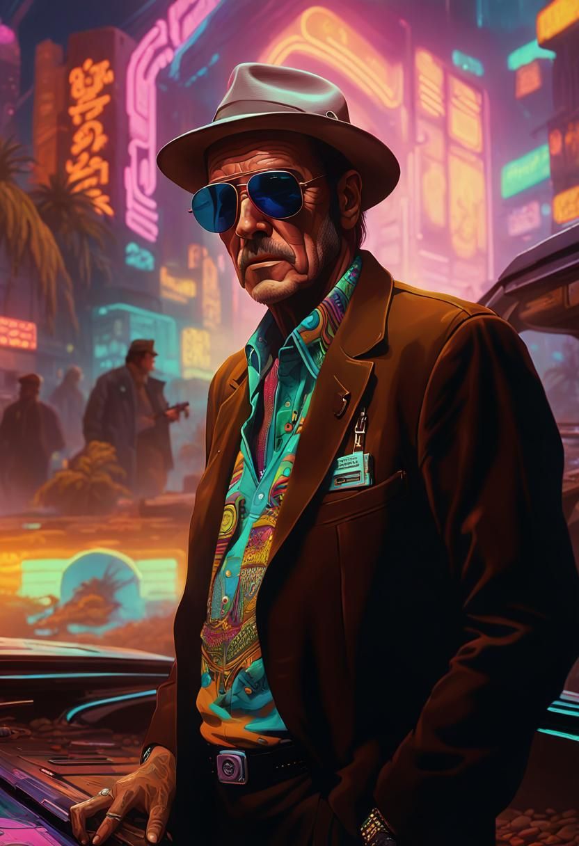 Hunter S. Thompson in Synthwave Cyberpunk Style